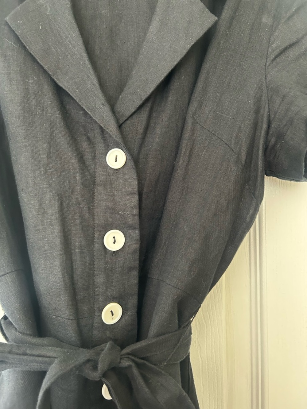 Quince European Linen Black Button-Front Midi Tie Waist Dress - Picture 6 of 6